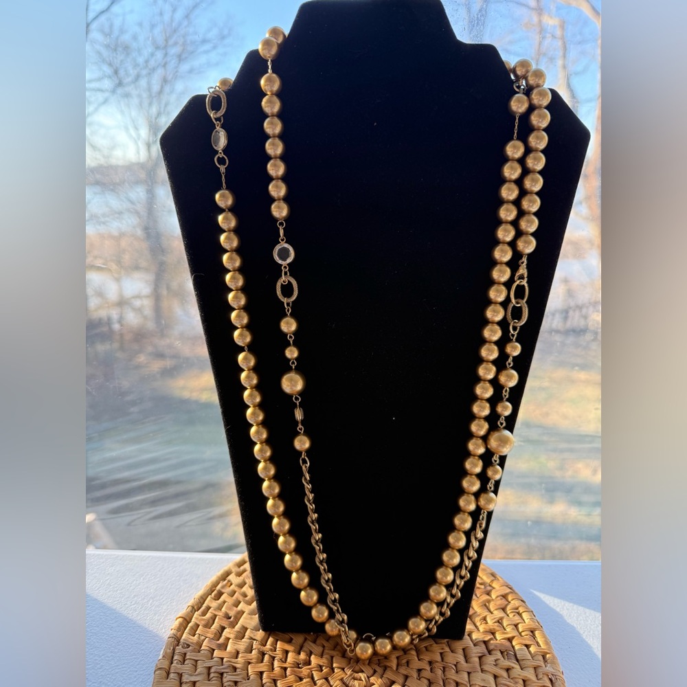 MONET Gold Tone Bead Crystal Runway Long Necklace Vintage